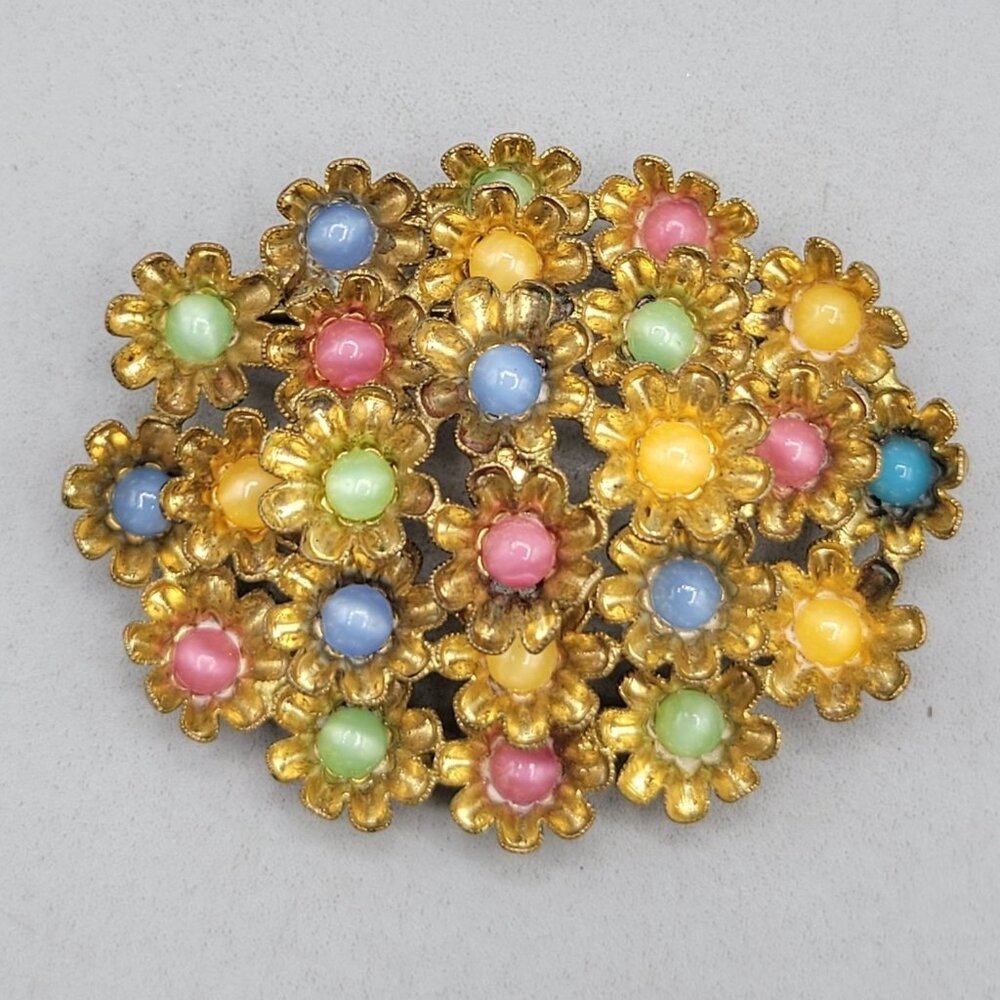 Vintage Czech Pastel Floral Clusters Gold Tone Brooch Flowers C Clasp